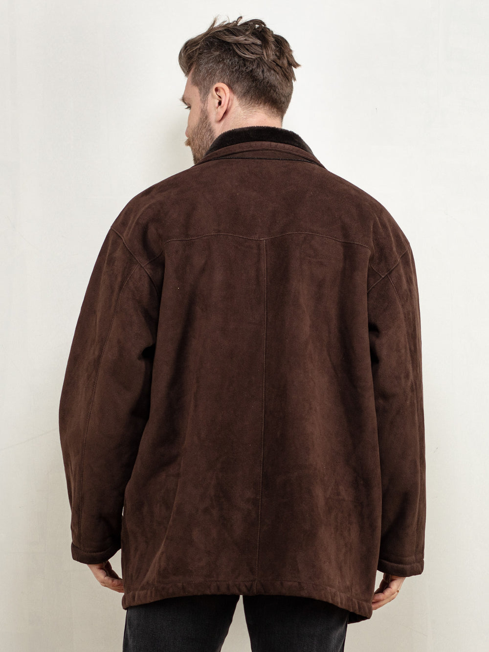 Vintage 80's Men Faux Suede Sherpa Coat in Brown - NorthernGrip