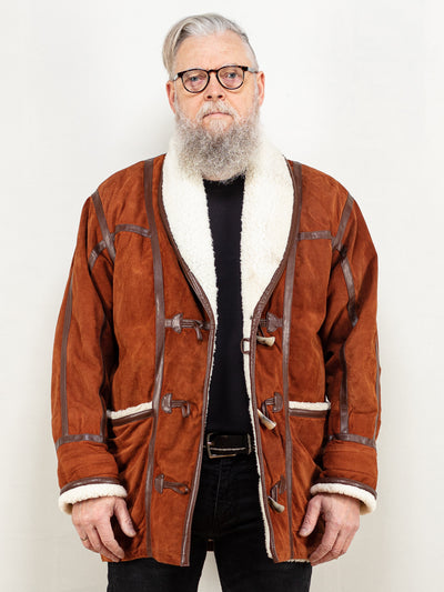 Men Suede Coat 90's brown coat genuine suede sherpa faux shearling overcoat western style coat vintage men clothing size medium M