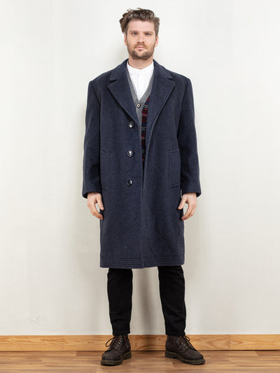 Men Wool Coat 80s vintage blue wool maxi coat overcoat classy vintage men coat classic men minimalistic preppy style outerwear size medium M