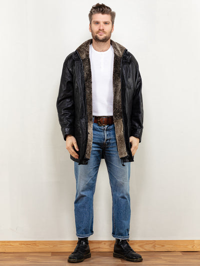 Men Sheepskin Coat 80's vintage leather coat brown sheepskin leather shearling western men minimalist clothing size double large L