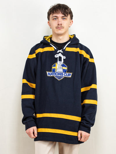 Nations Cup Hoodie 90's vintage NHL team sweatshirt blue pullover sports custom print hockey sweatshirt retro men sportswear size large XL