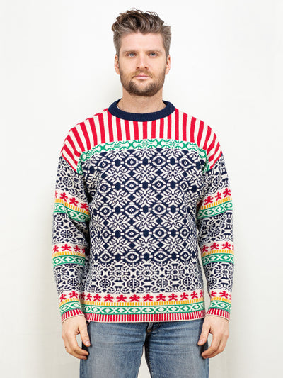 Vintage Men Sweater 90's fair isle multi color sweater cardigan men patterned vintage nordic sports fjord men sweater casual size medium M