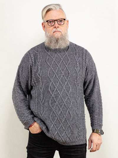 Vintage Men Sweater 90's cable knit men wool blend sweater grey casual everyday nordic northern style casual men wool sweater size large L