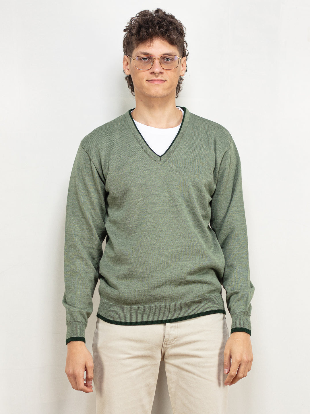 Men Vintage Sweater 90's green solid pattern men sweater sport golf v neck vintage men minimalist casual sports sweater size small S