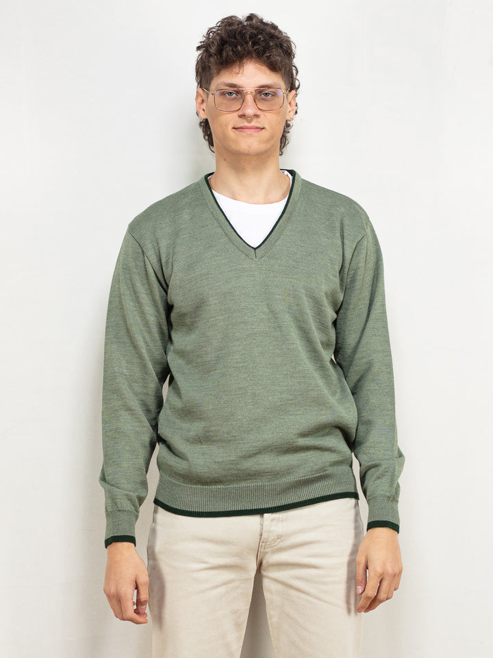 Men Vintage Sweater 90's green solid pattern men sweater sport golf v neck vintage men minimalist casual sports sweater size small S
