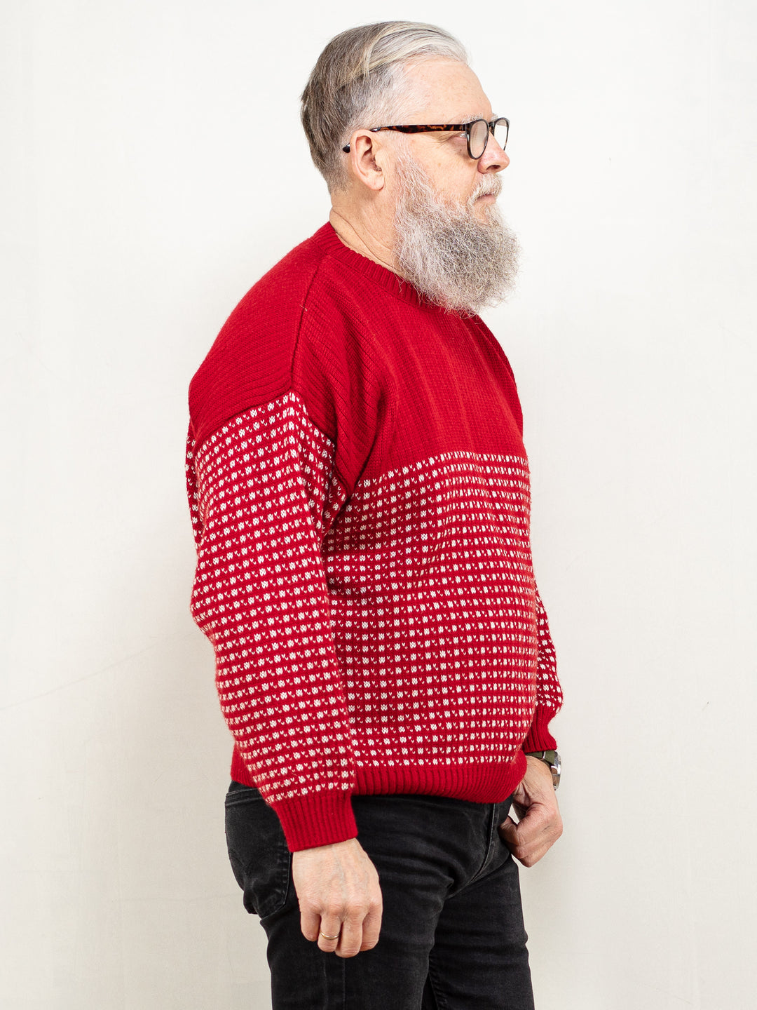 Vintage Mens Sweater 80's red wool ribbed sweater classic men casual everyday nordic northern style men knitwear sweater size large L