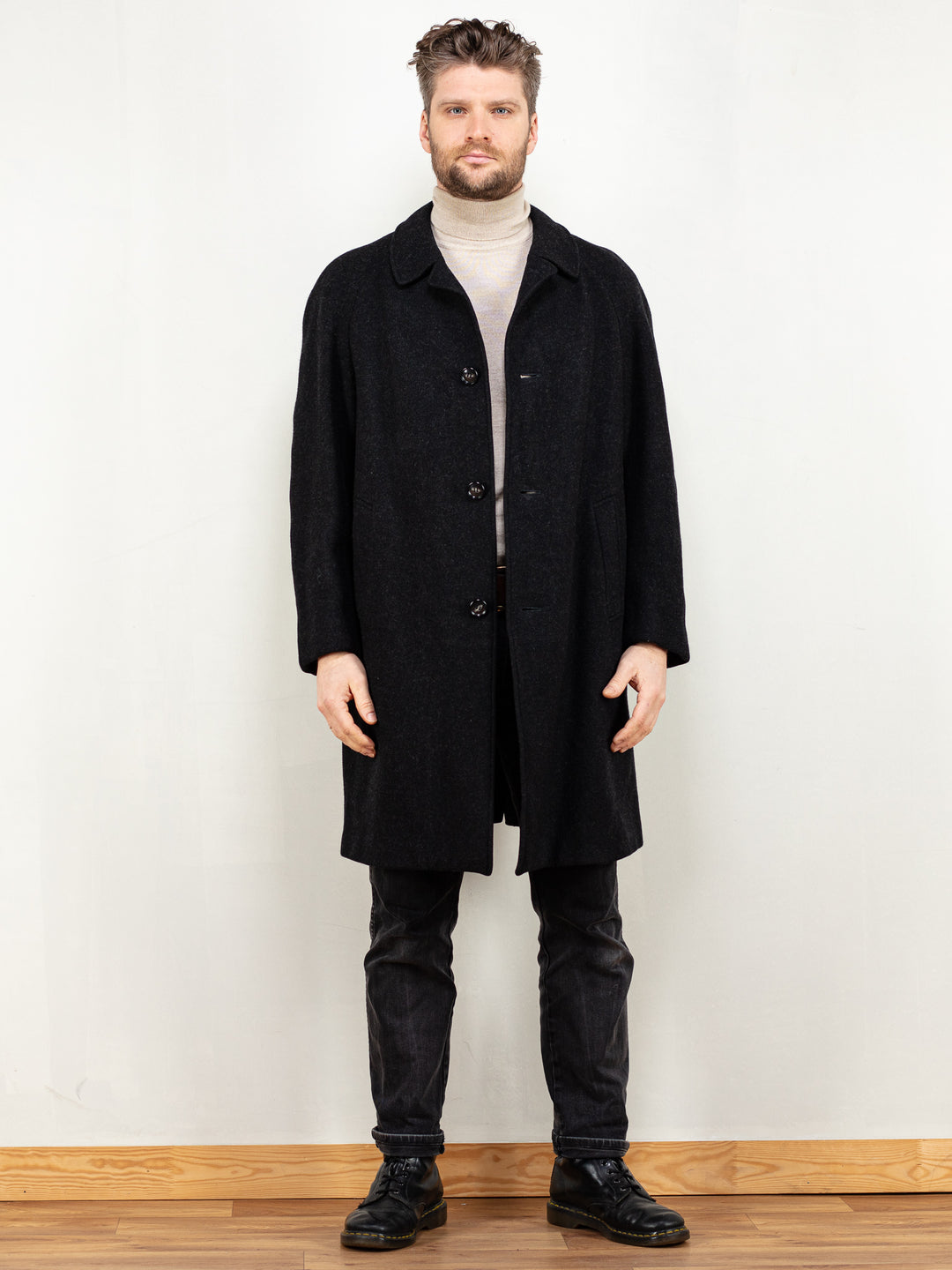 Men Wool Coat 90s black wool overcoat classy vintage men coat 90s classic men minimalistic preppy style sustainable outerwear size large L