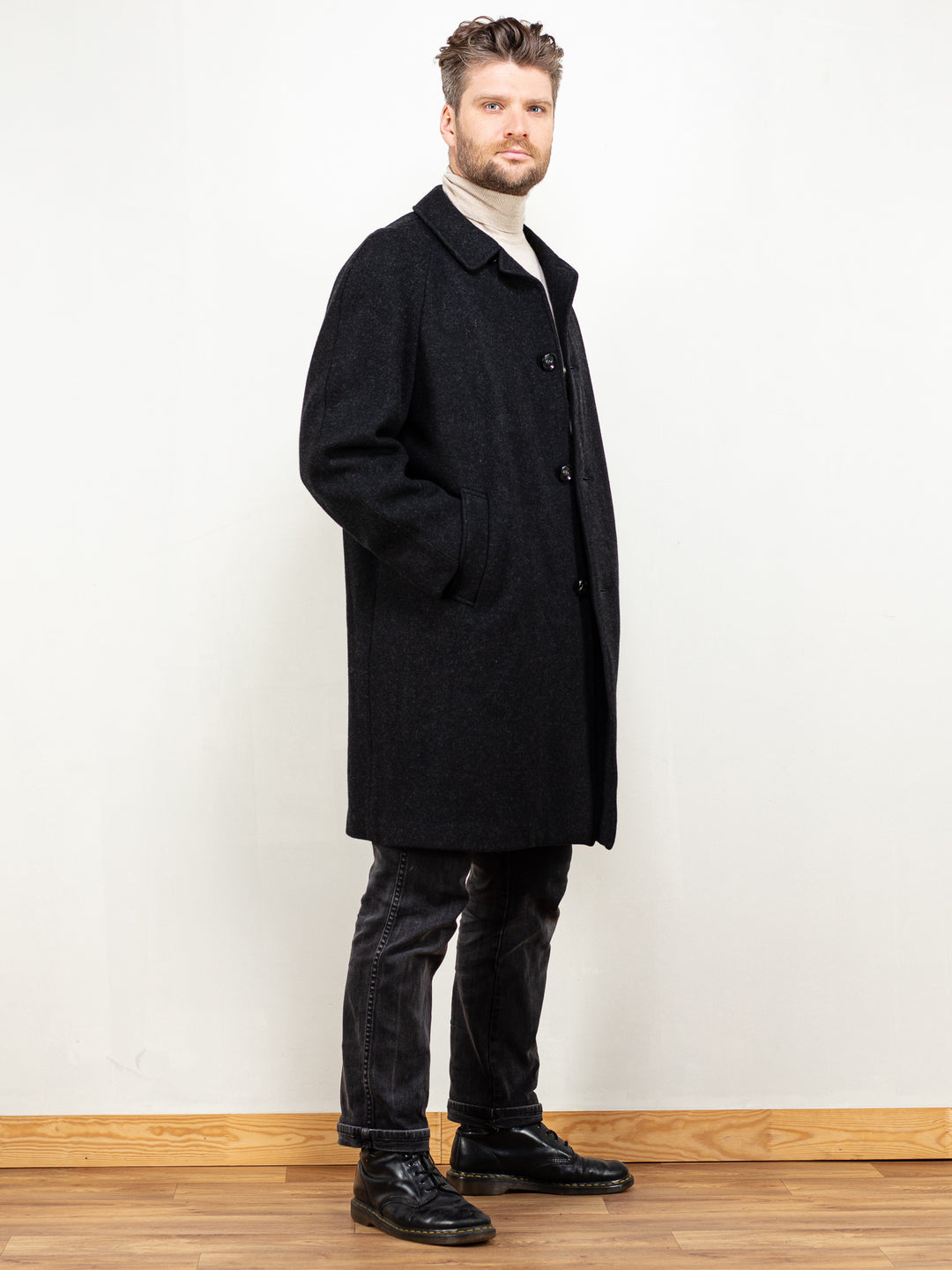Men Wool Coat 90s black wool overcoat classy vintage men coat 90s classic men minimalistic preppy style sustainable outerwear size large L