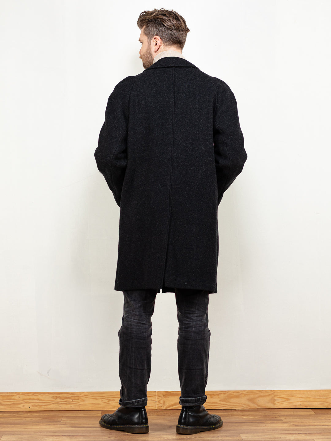 Men Wool Coat 90s black wool overcoat classy vintage men coat 90s classic men minimalistic preppy style sustainable outerwear size large L