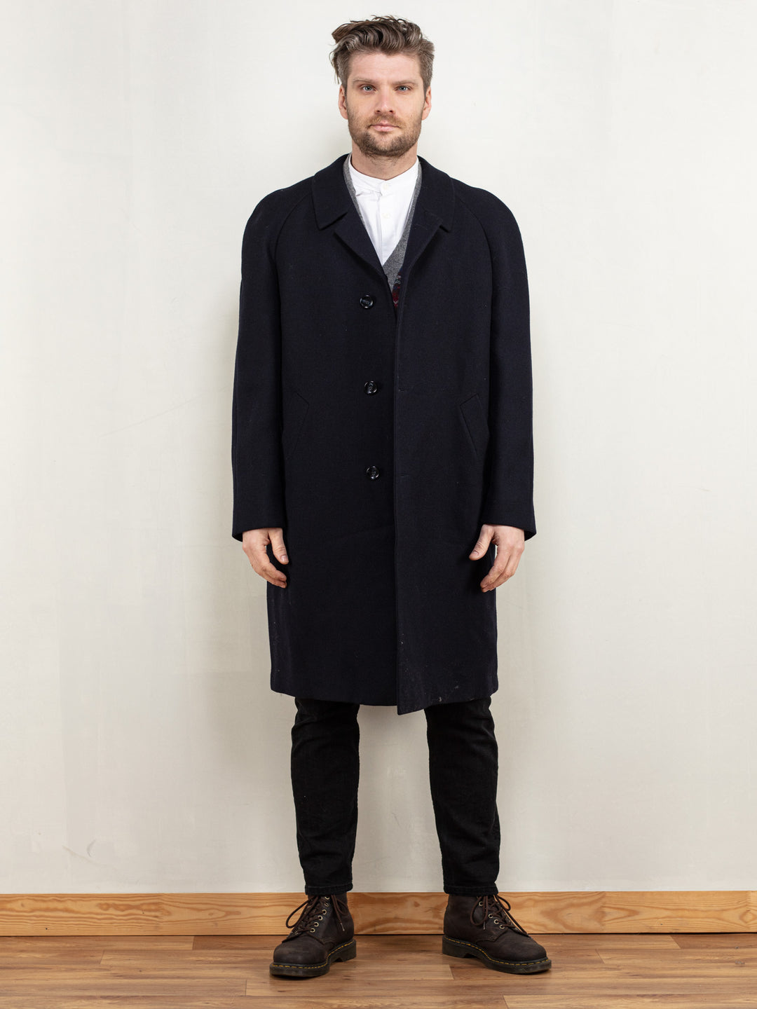 Men Wool Coat 80's vintage navy blue winter outerwear layering everyday minimalist preppy longline coat office wear sustainable size large L