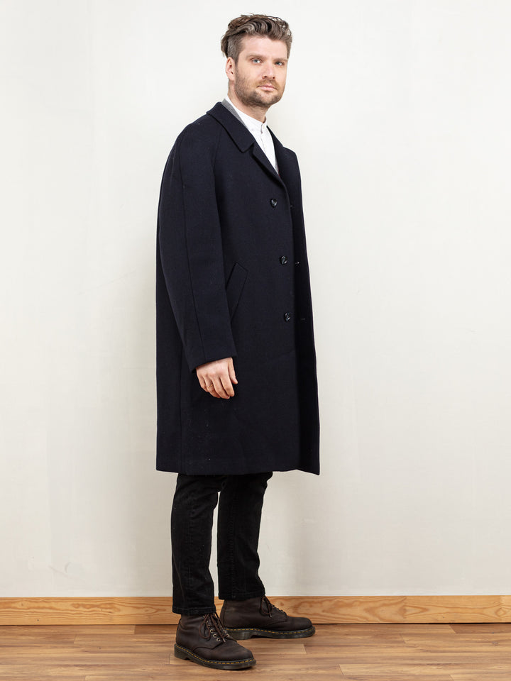 Men Wool Coat 80's vintage navy blue winter outerwear layering everyday minimalist preppy longline coat office wear sustainable size large L
