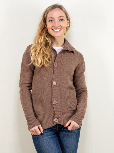 Brown Wool Cardigan women vintage wool blend light collared long sleeve jacket brown plain knit minimalist jacket size extra small XS
