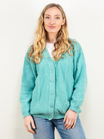 Angora Blend Cardigan vintage women mint green super soft wool blend cardigan v-neck long sleeve knitted jacket cable knit jacket size large