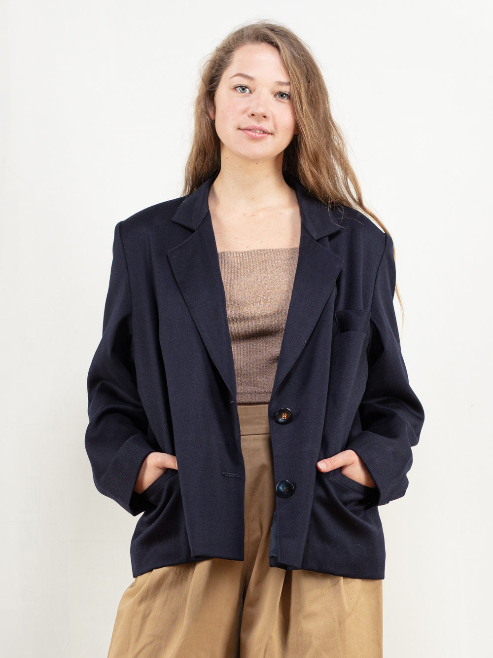 Vintage 80's Women Navy Blue Wool Blend Blazer - NorthernGrip