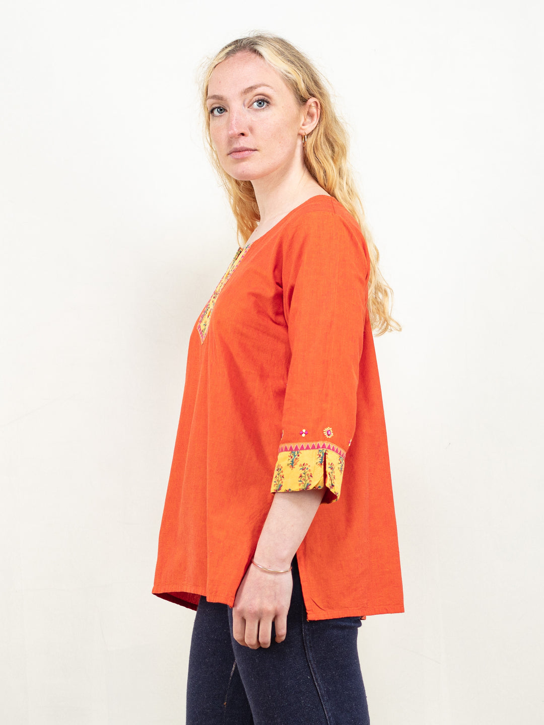 Women Longline Shirt 80's cotton tunic shirt patterned traditional shirt split neckline top bracelet sleeve orange striped top size small