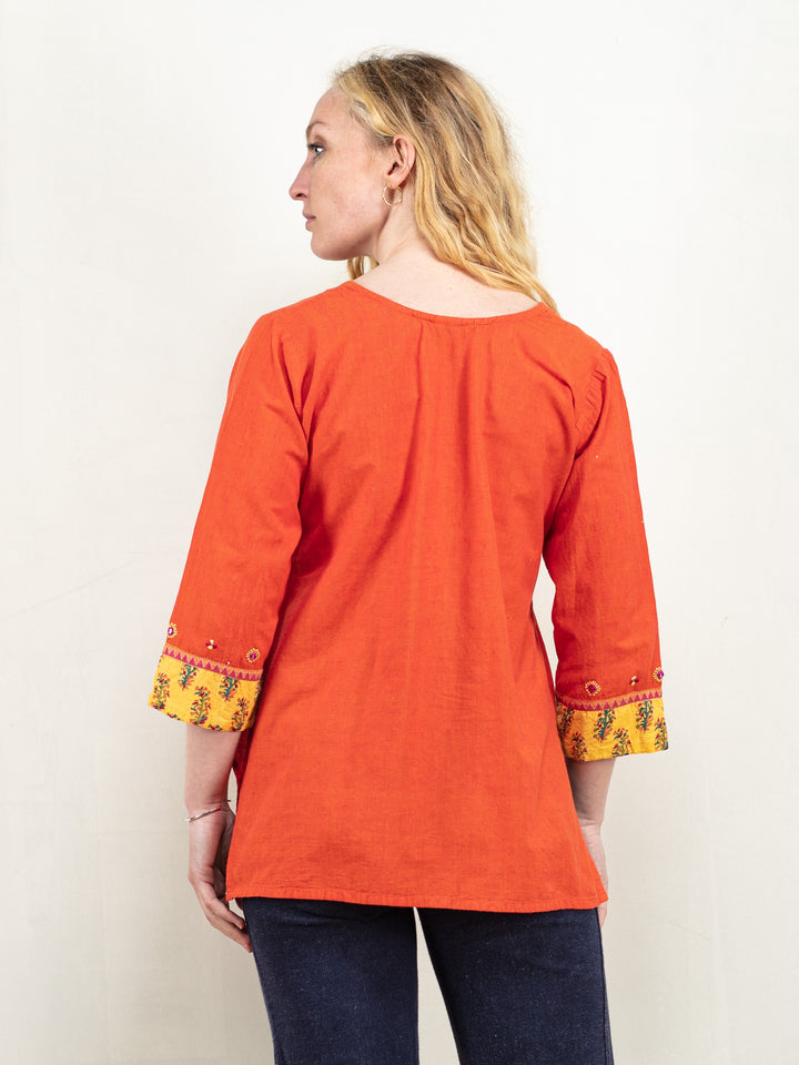 Women Longline Shirt 80's cotton tunic shirt patterned traditional shirt split neckline top bracelet sleeve orange striped top size small