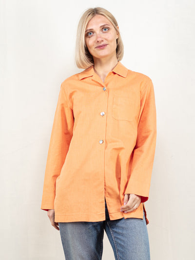 Linen Blend Shirt women camp collar orange long sleeve shirt 90s women summer shirt oversized button front shirt minimalist shirt size large