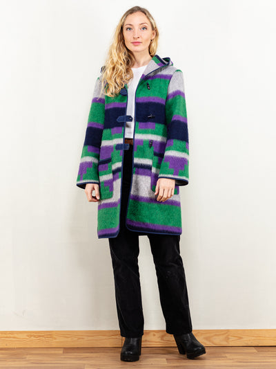 Wool Blanket Coat vintage 70's geometric pattern hooded light wool blend coat boho aztec style pattern winter overcoat size small
