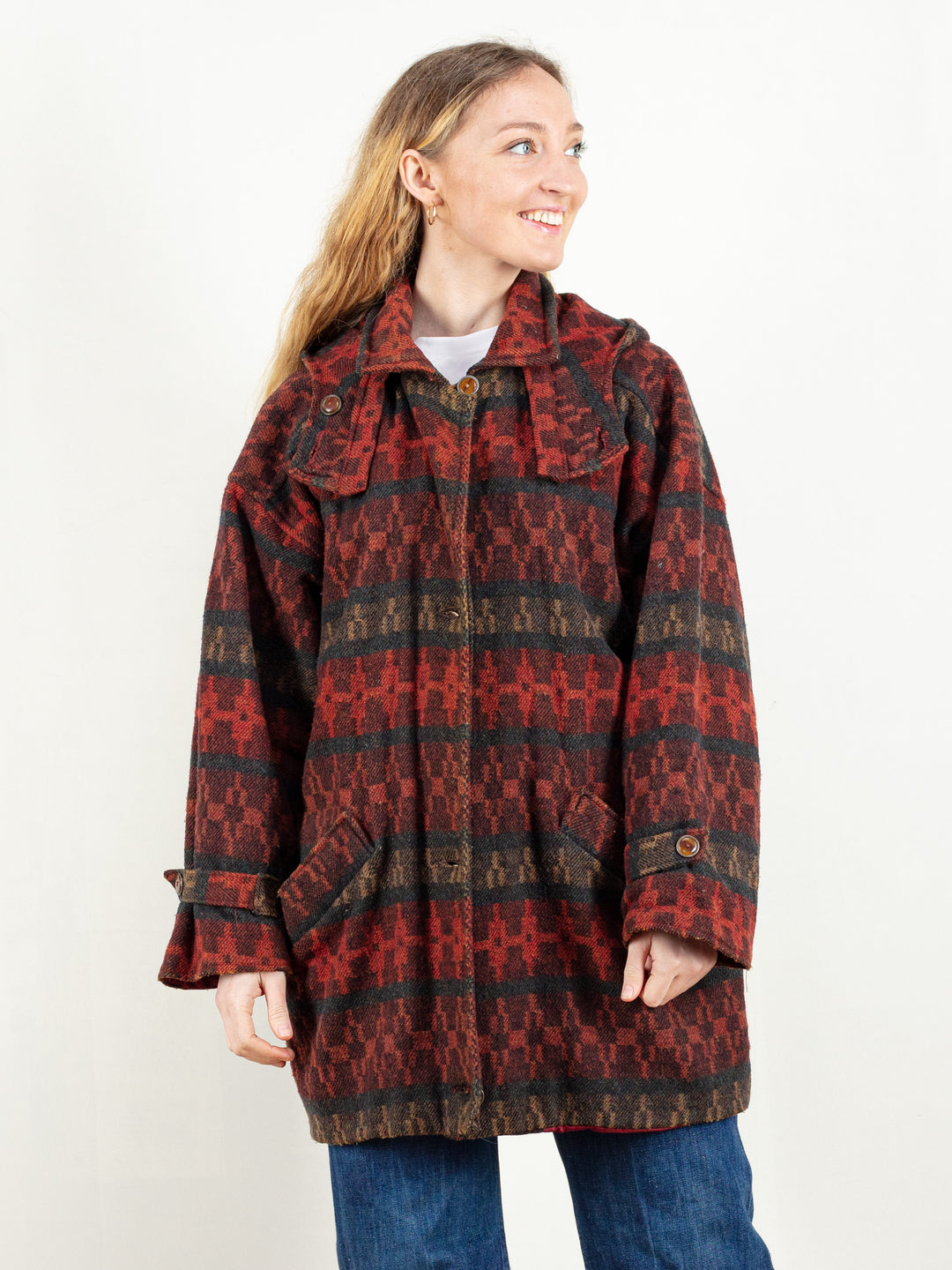Aztec Pattern Coat wool blend 80s hooded blanket coat button up oversized wool jacket boho outerwear 80s vintage clothing size extra large