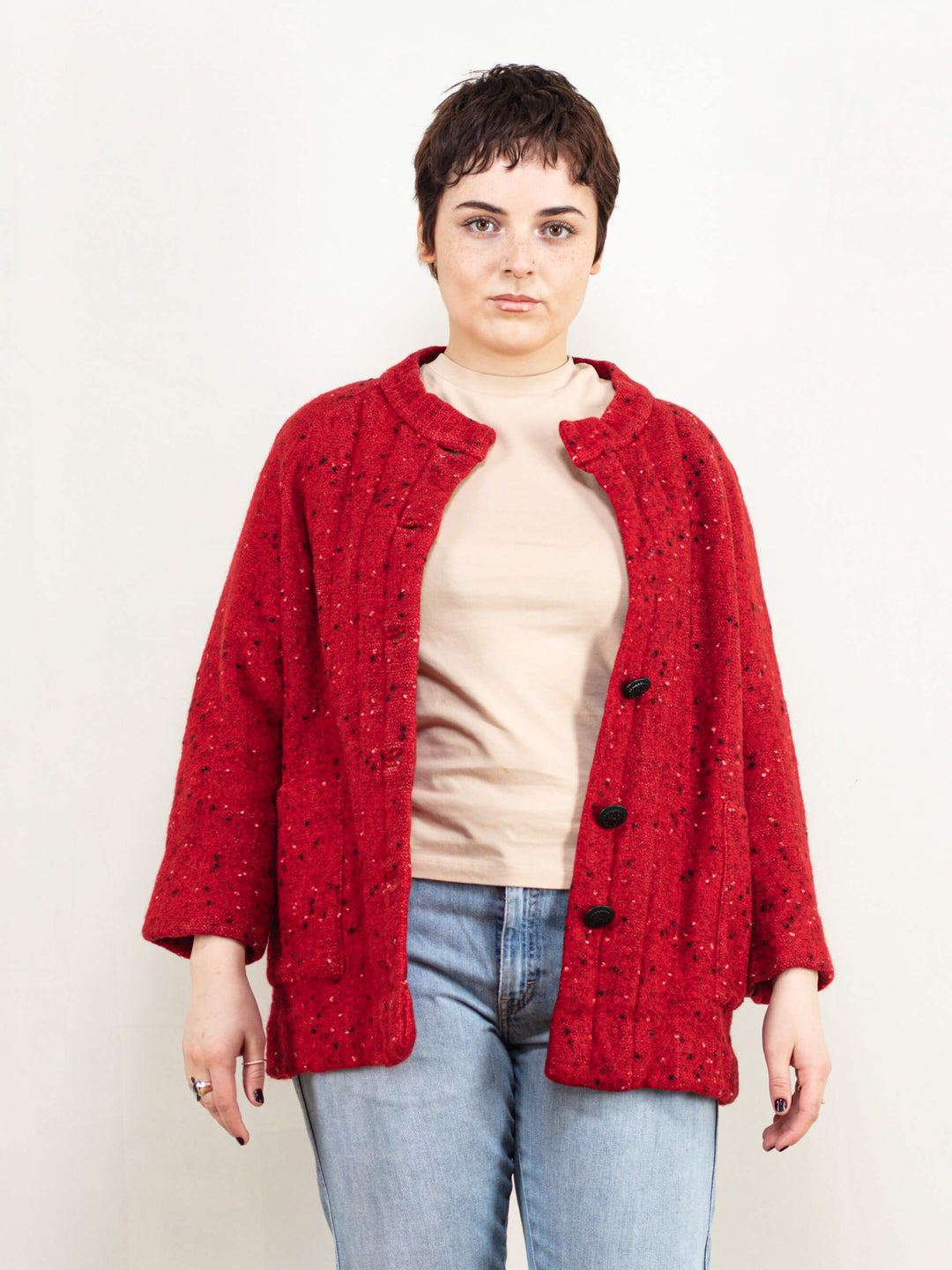 Pierre Cardin 70s Jacket women vintage wool blend red collarless blazer jacket short coat designer vintage clothing women size large