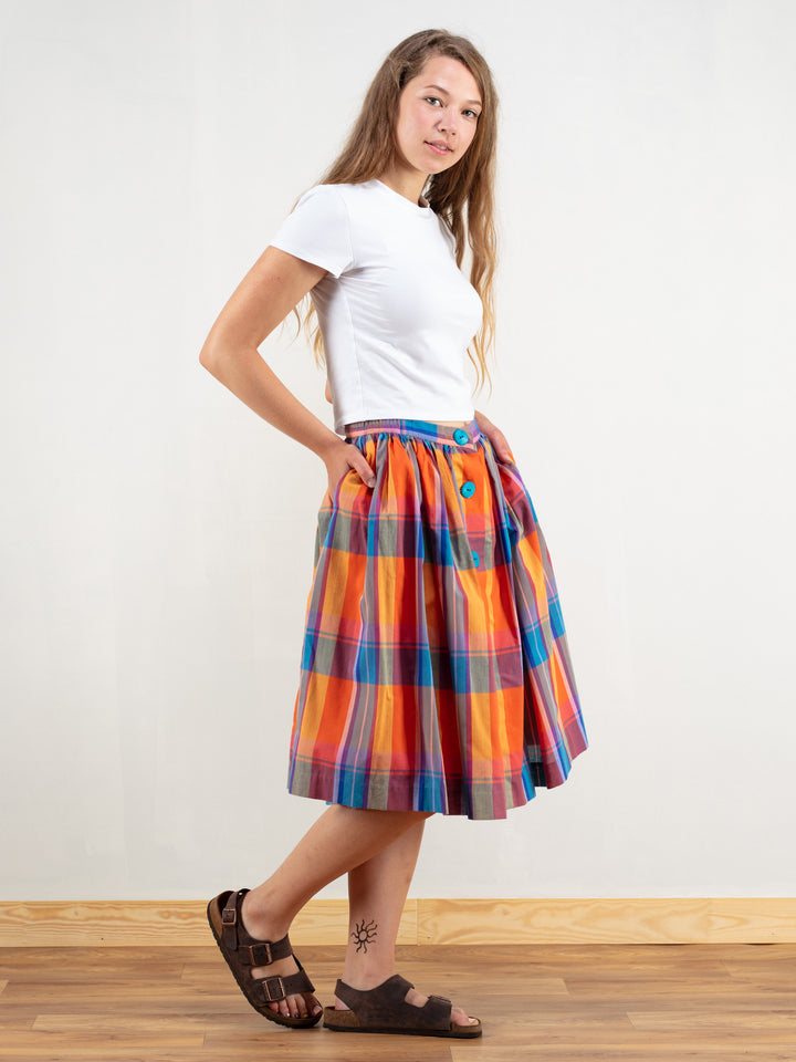 Vintage 90's Plaid Women Button Front Skirt