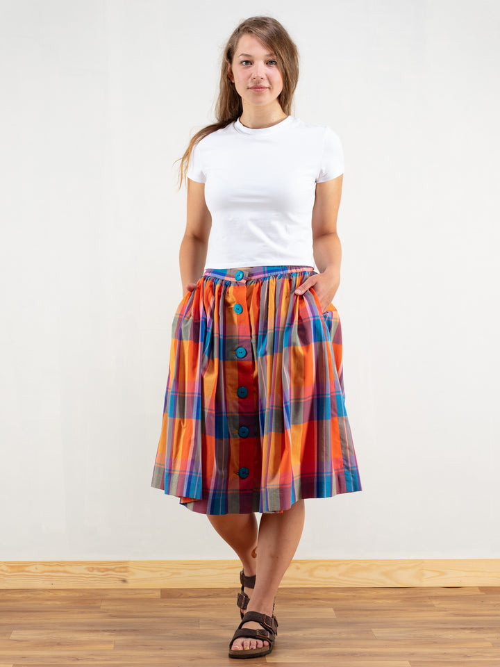 Vintage 90's Plaid Women Button Front Skirt