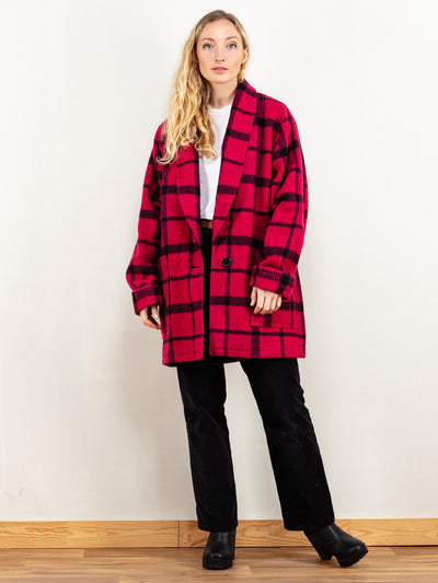 Plaid Wool Coat vintage 70's pink plaid wool blend blazer coat long shawl collar casual everyday coat pink and black coat size small