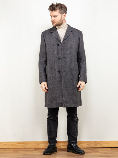 Men Wool Coat grey 70's plaid wool blend vinatge overcoat men casual classic winter long coat minimalist outerwear menswear size large