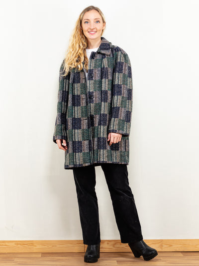 Women Wool Coat vintage 80's patterned wool blend winter overcoat casual everyday boho style sustainable fashion long wool coat size large