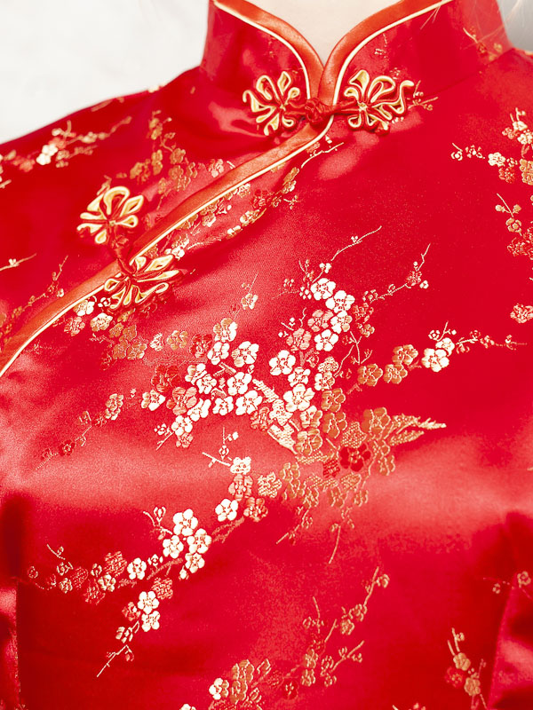 Midi Chinese Dress Vintage 90's Women Oriental Dress Chinese Kimono Dress Asian Silk Dress Red Floral Clothing Women Clothing size Small
