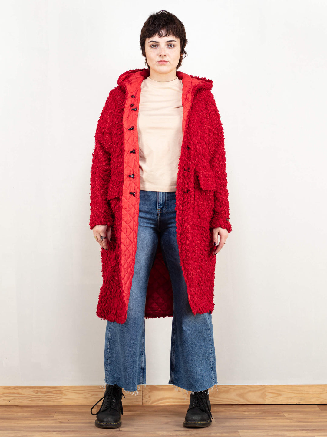 Red Sherpa Coat vintage 70s hooded faux fur coat insulated red spring coat bold red redhead coat women vintage clothing size medium