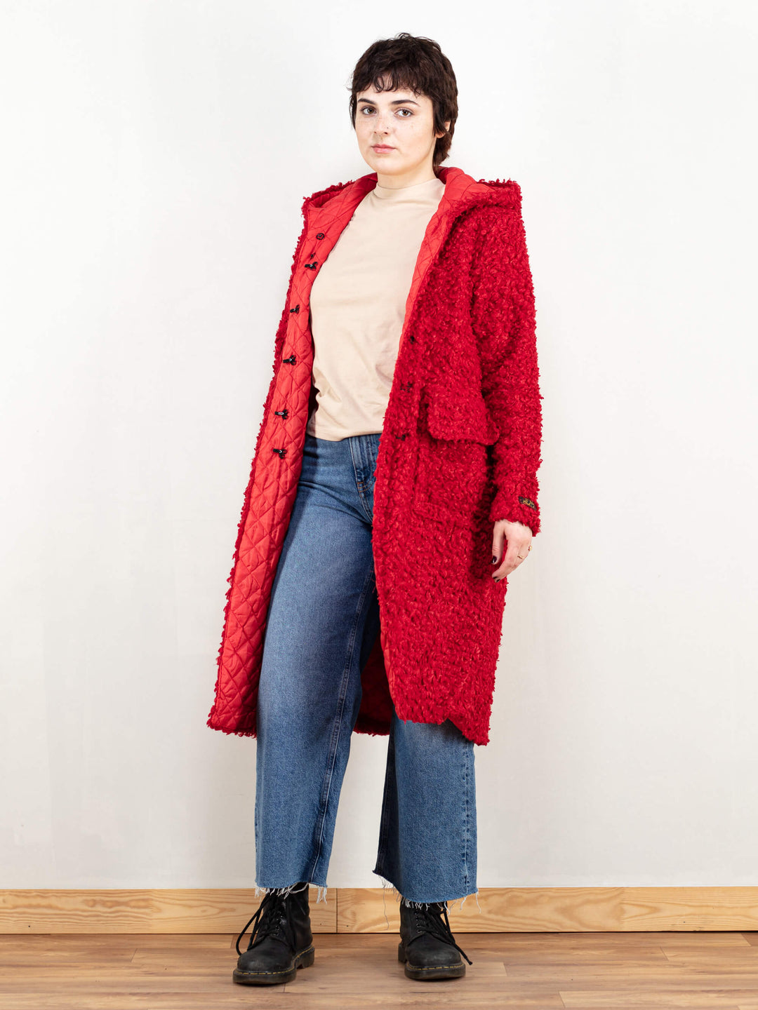 Red Sherpa Coat vintage 70s hooded faux fur coat insulated red spring coat bold red redhead coat women vintage clothing size medium