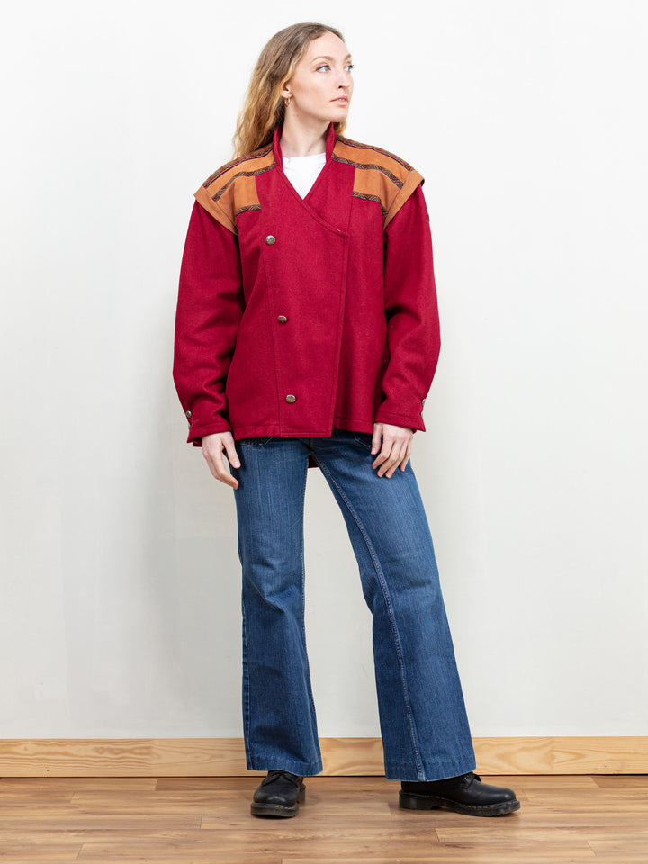 Red Wool Jacket vintage women outerwear wool blend blazer jacket ethic pattern traditional jacket northern girl store clothing size medium
