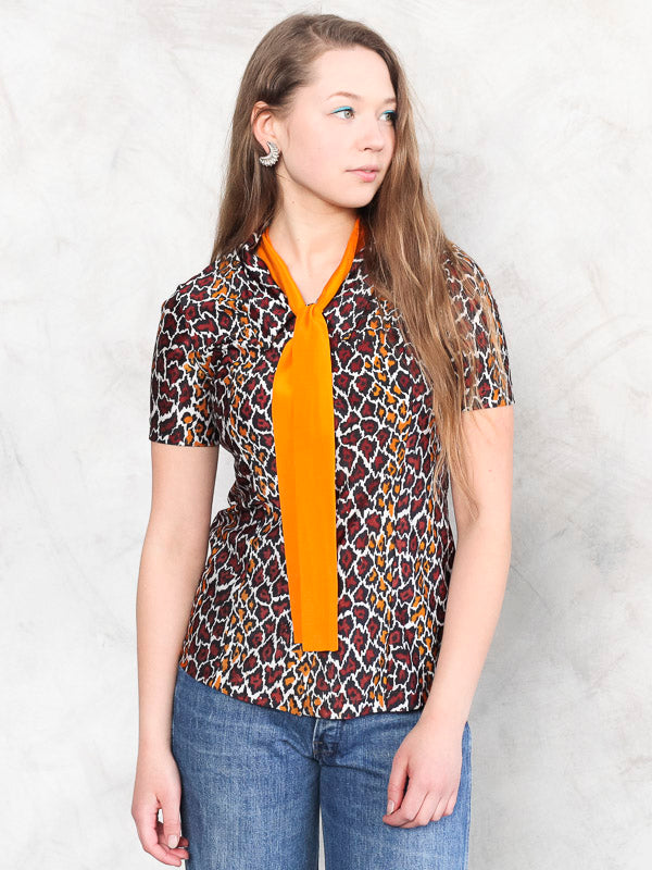 Women Leopard Blouse vintage 80's summer pointy collar shirt retro wear long sleeve disco brown blouse light 70s women clothing size xs
