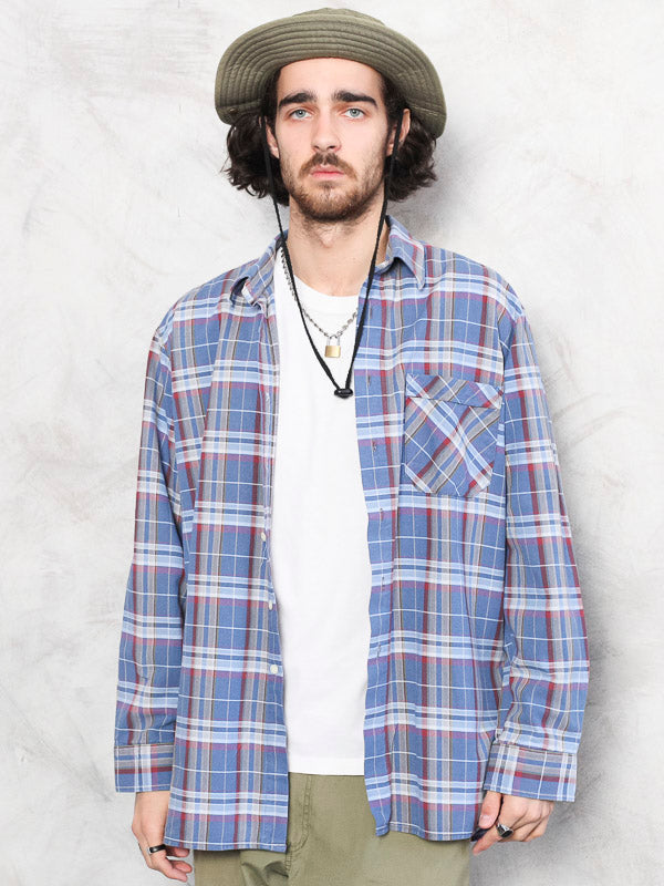 Plaid Blue Shirt vintage 90's lumberjack shirt flannel shirt casual check print shirt retro everyday clothing boyfriend gift size medium