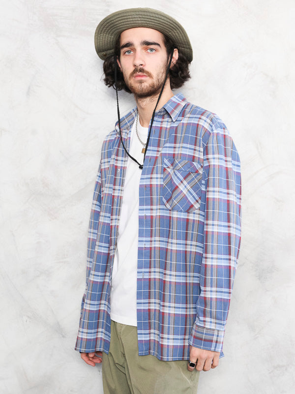 Plaid Blue Shirt vintage 90's lumberjack shirt flannel shirt casual check print shirt retro everyday clothing boyfriend gift size medium