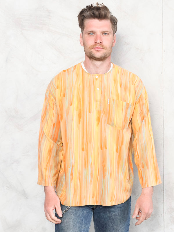 Orange Boho Shirt ethnic vintage 90's cotton indie long sleeve shirt light shirt retro summer clothing boyfriend gift artist size medium
