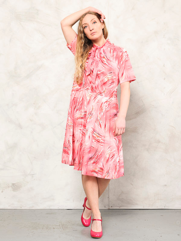 Pink Dress Vintage secretary 70's summer sundress modest mod abstract dress boho pussy bow dress gift idea clothing size medium