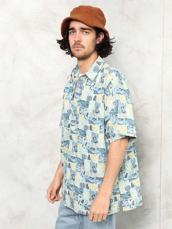Hawaiian Men Shirt boho vintage 90's hippie summer beach shirt short sleeve casual button down shirt retro men clothing shirt size large