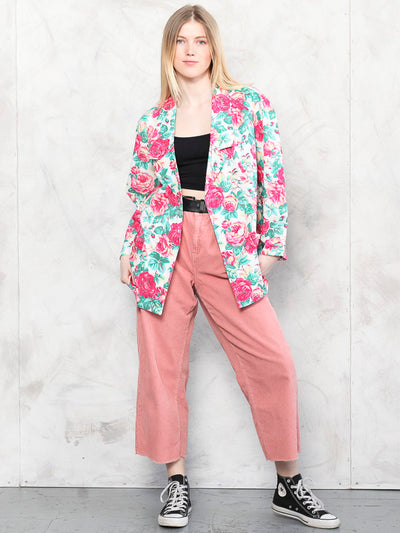 Rose Patterned Blazer patterned floral cotton blazer jacket boho bold jacket lightweight 80s artsy women blazer vintage clothing size large
