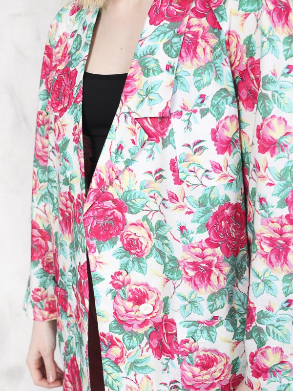 Rose Patterned Blazer patterned floral cotton blazer jacket boho bold jacket lightweight 80s artsy women blazer vintage clothing size large