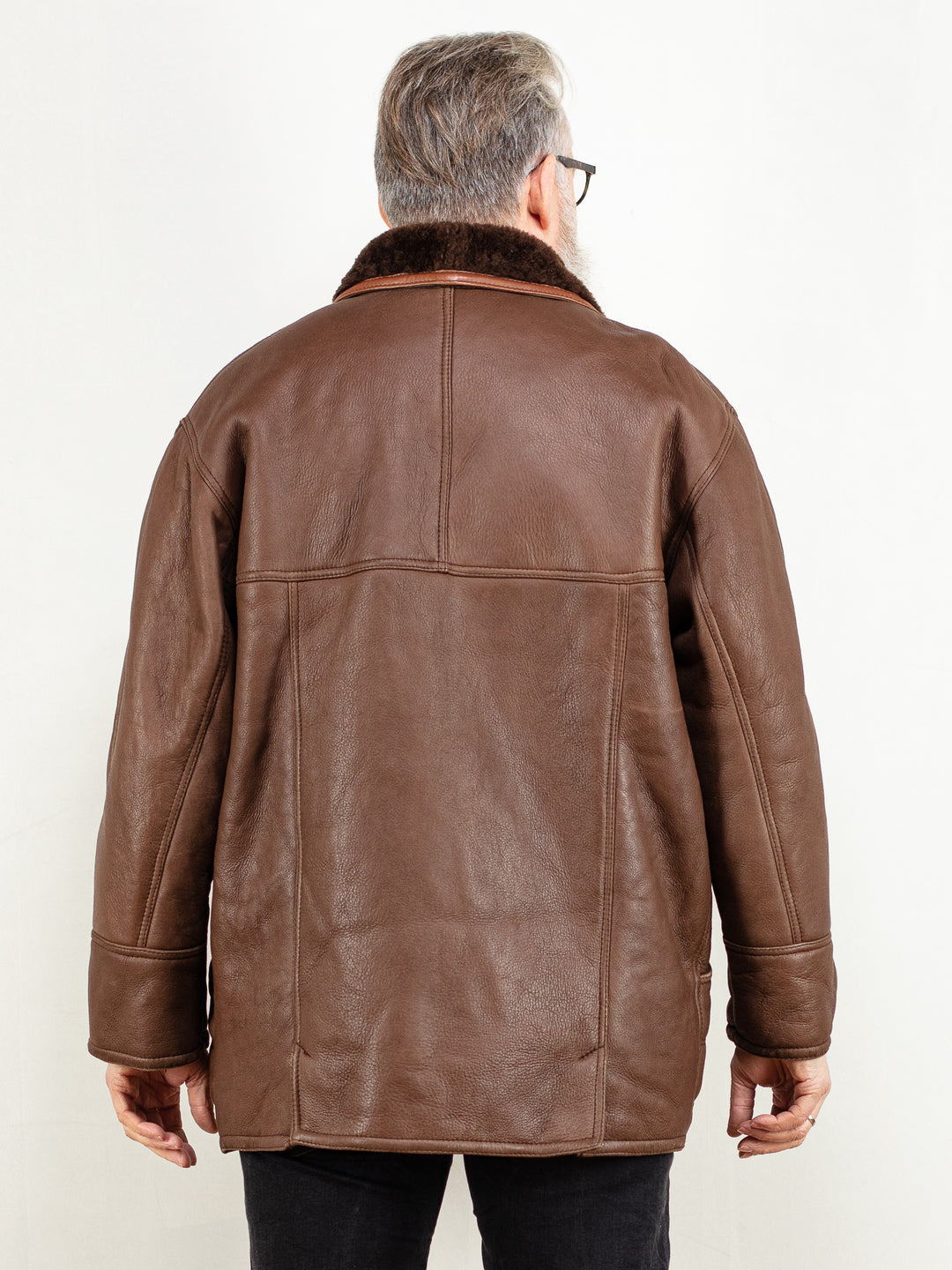 Men Sheepskin Coat vintage 70's brown leather sheepskin coat shearling wool western minimalistic style men vintage clothing size large L