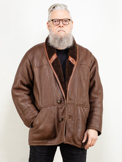 Men Sheepskin Coat vintage 70's brown leather sheepskin coat shearling wool western minimalistic style men vintage clothing size large L