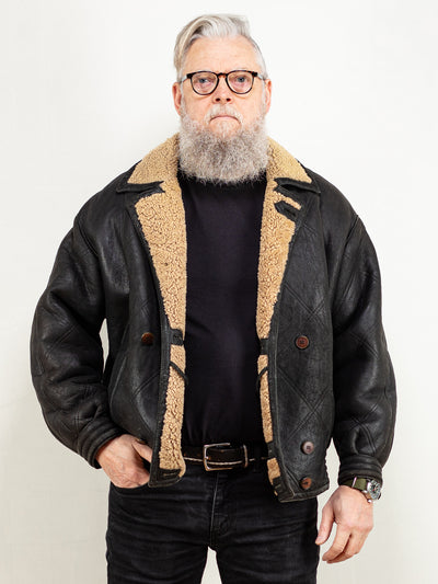 Men Sheepskin Jacket 70's vintage black sheepskin leather shearling jacket flight jacket men vintage aviator clothing size medium M