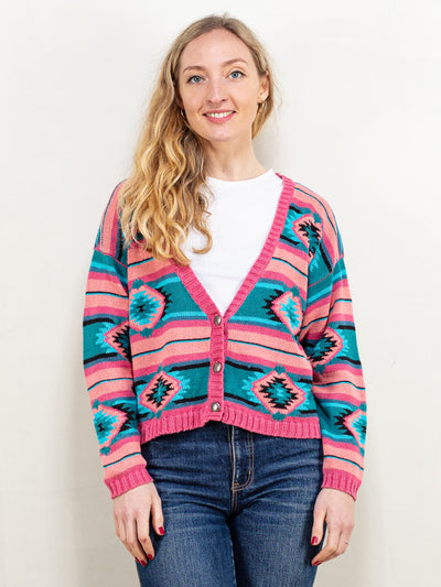 Southwestern Style Cardigan vintage 90's pink patterned cotton blend long sleeve v-neck jacket women gifts for her aztec style size large