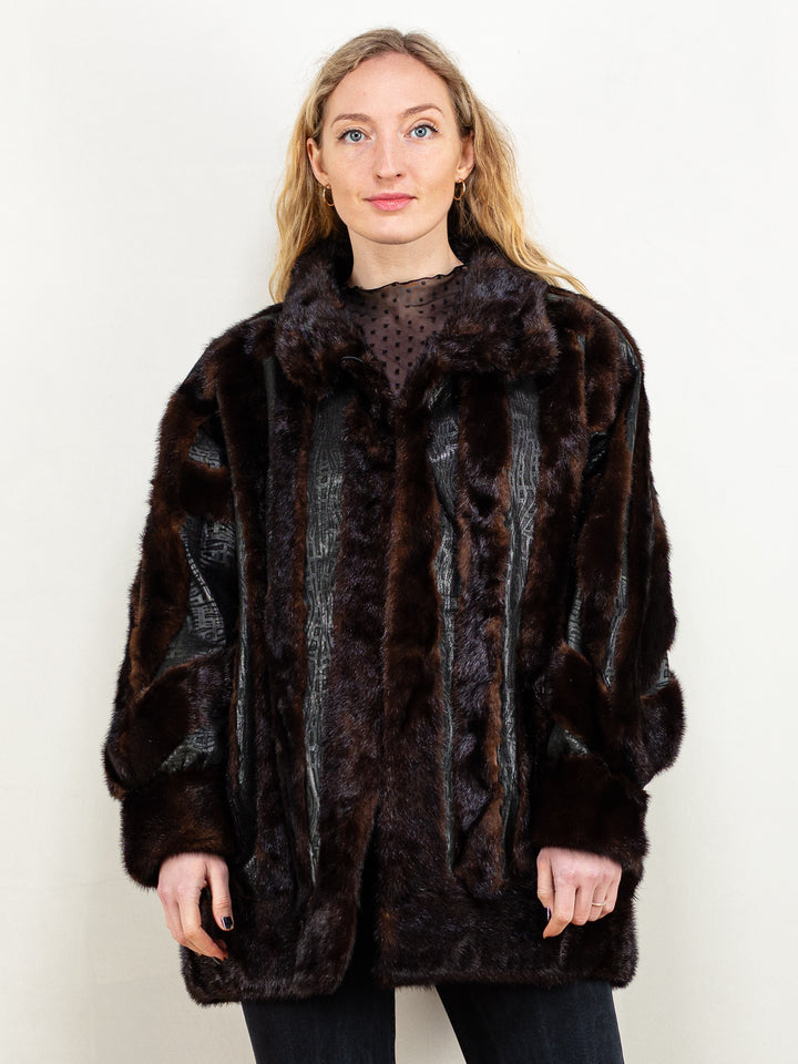 Vintage 80's Women Fur and Leather Coat in Black and Brown - NorthernGrip