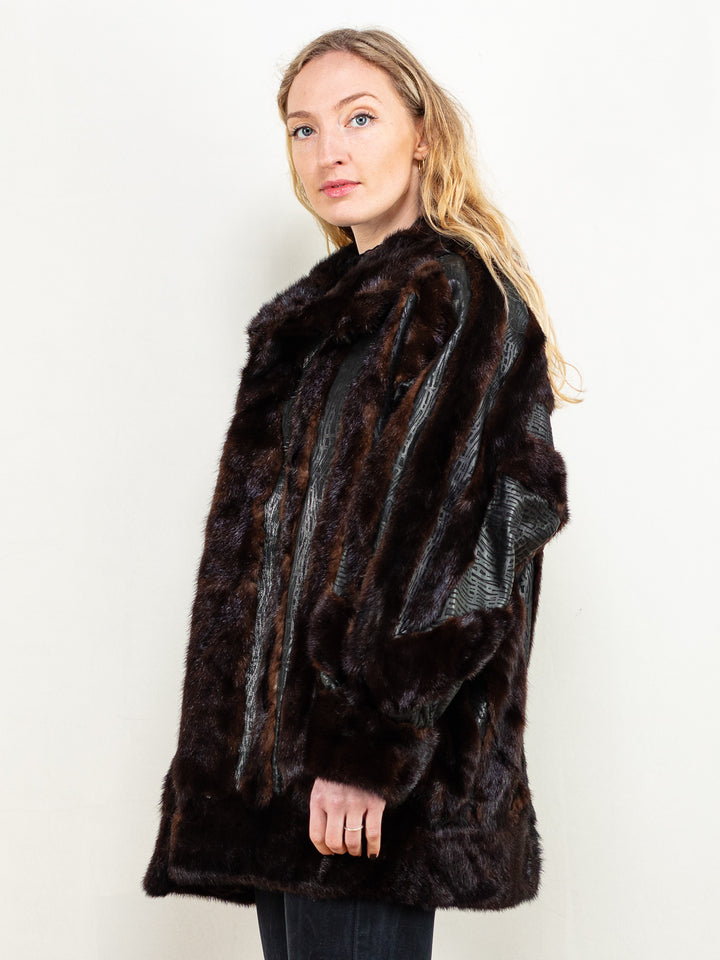 Vintage 80's Women Fur and Leather Coat in Black and Brown - NorthernGrip