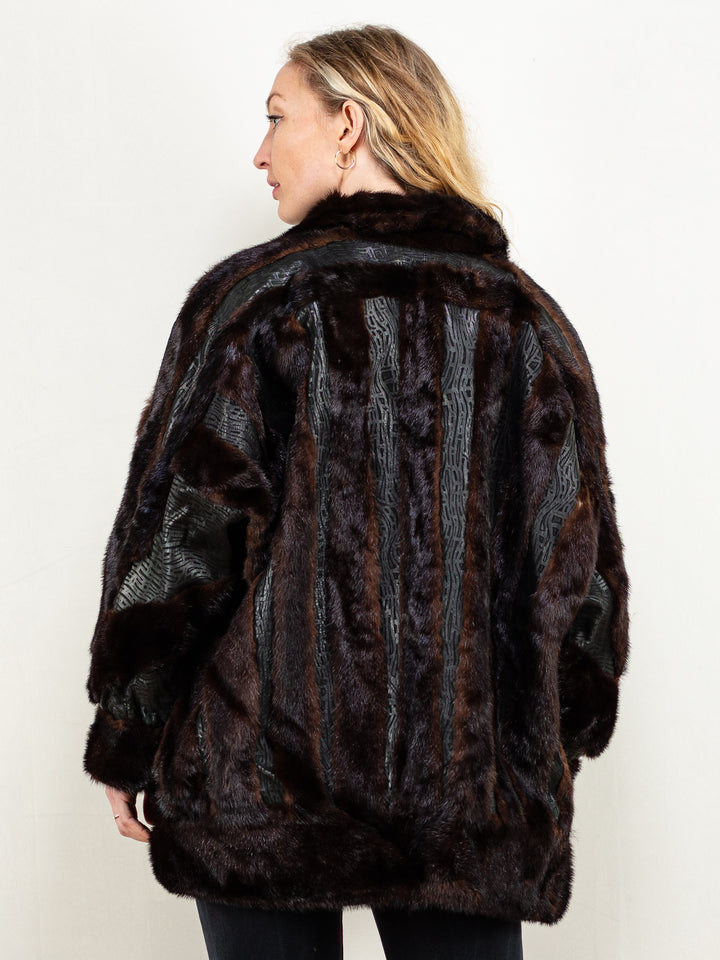 Vintage 80's Women Fur and Leather Coat in Black and Brown - NorthernGrip