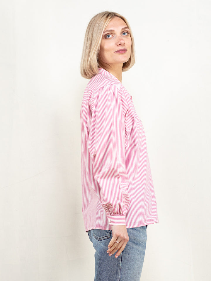 Pink Striped Shirt women long sleeve button front 80s shirt mock neck collar cotton shirt vintage women casual minimalist shirt size large