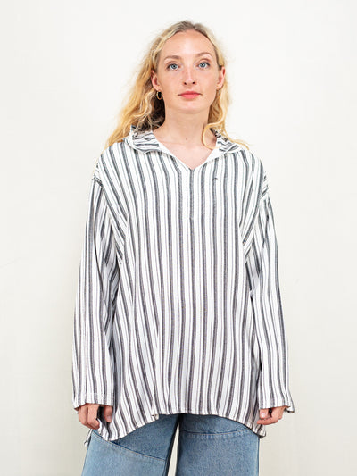 Hooded Striped Shirt women pullover long sleeve white and black stripes shirt cotton blend hoodie ethnic traditional shirt size extra large